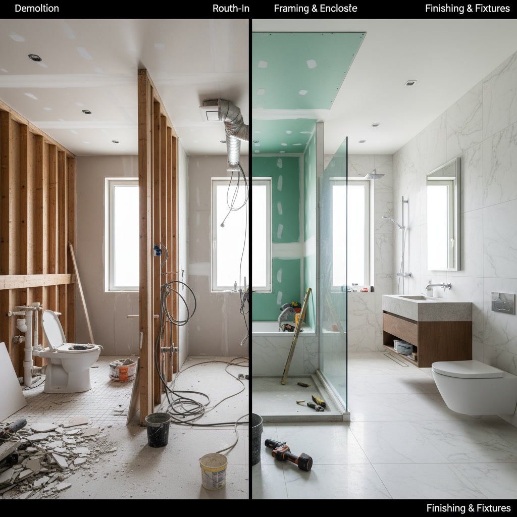 Bathroom demolition phase showing exposed plumbing and electrical work