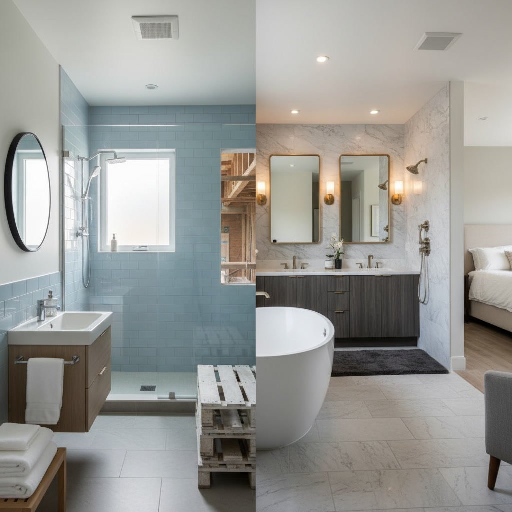 Small bathroom with updated fixtures and modern tiling