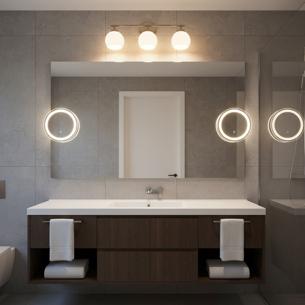 Bathroom vanity mirror positioned between wall sconce light fixtures