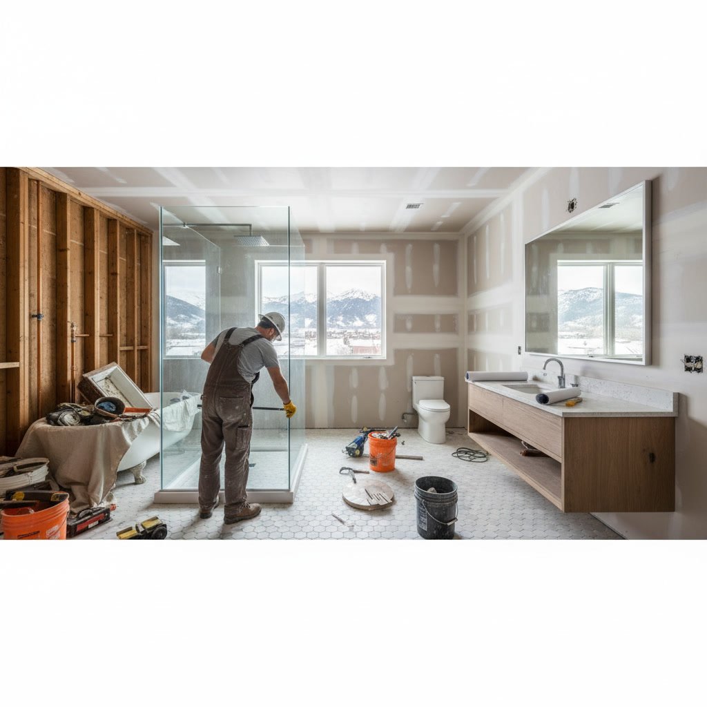 Professional tile installation in progress during bathroom renovation