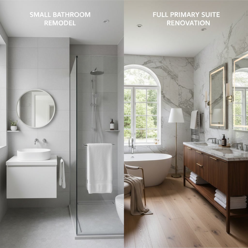 Luxurious primary bathroom suite with walk-in shower and dual vanities