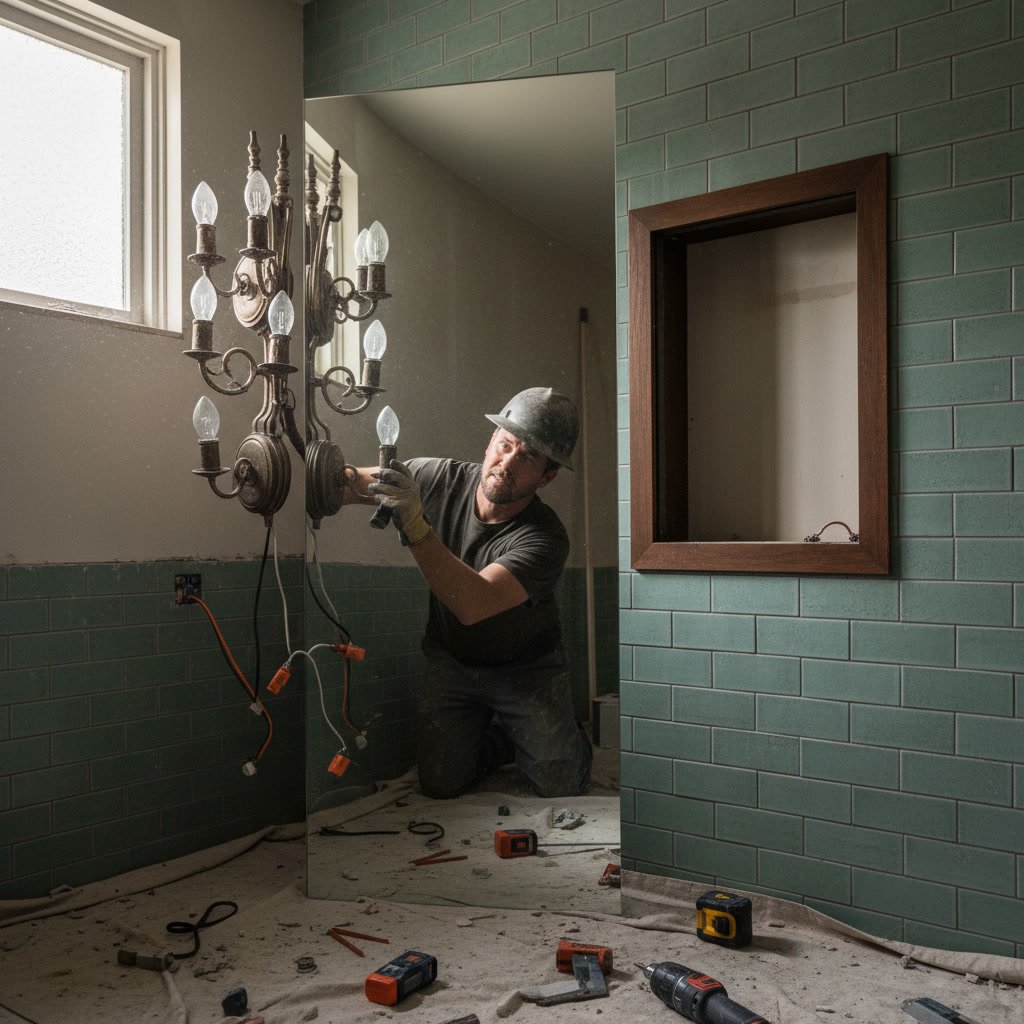 Professional measuring wall space for custom bathroom mirror installation