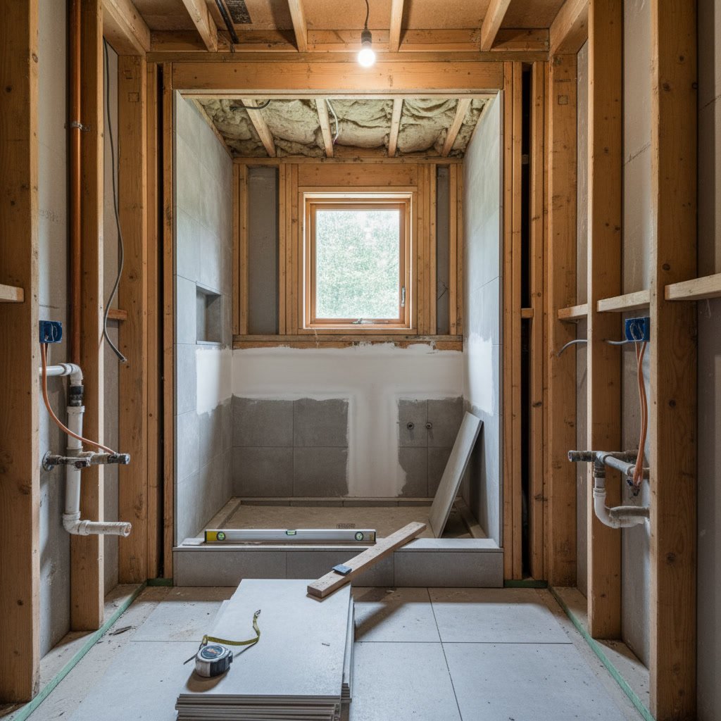 Bathroom remodeling in progress showing structural and plumbing work