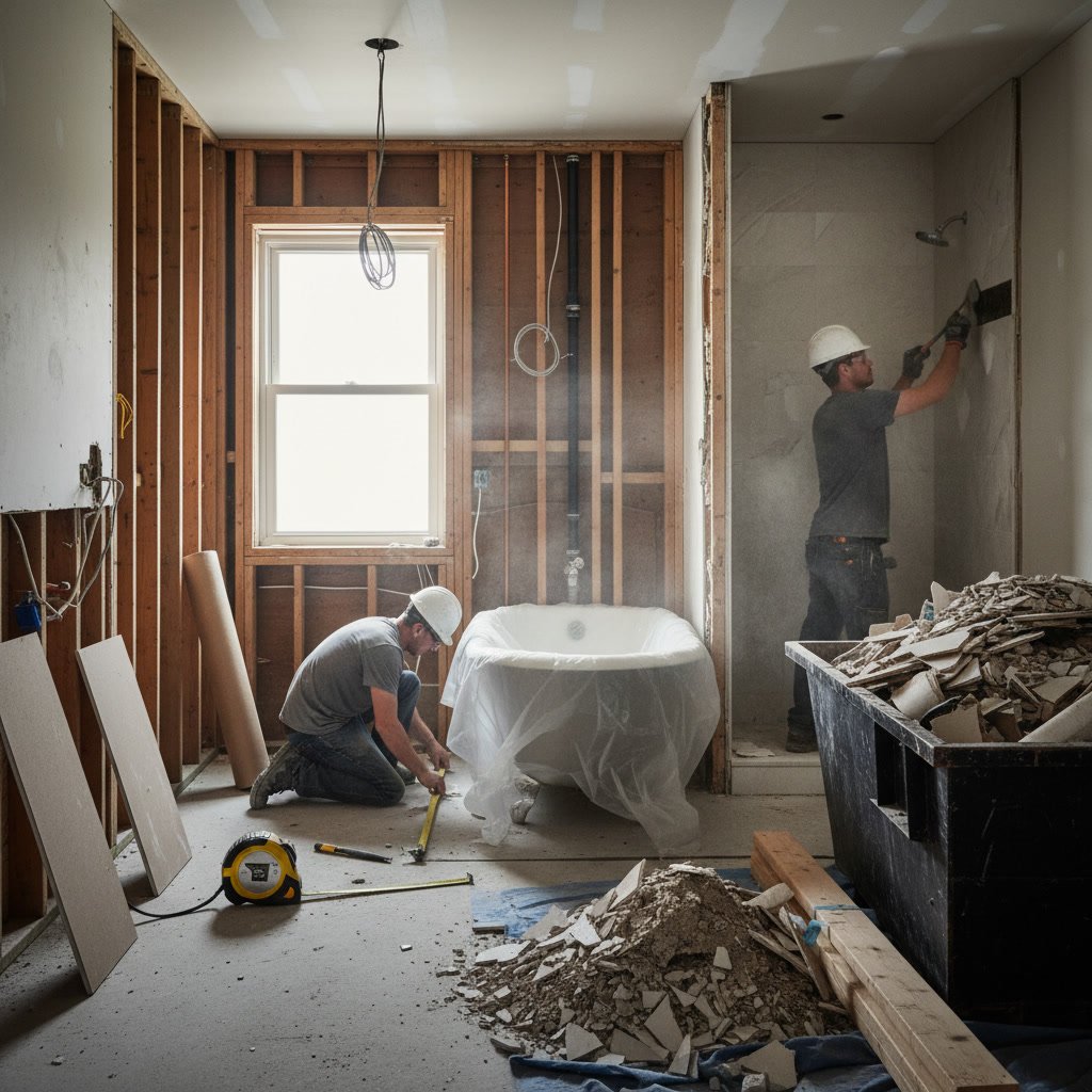 Modern bathroom renovation in progress showing tile installation and fixtures