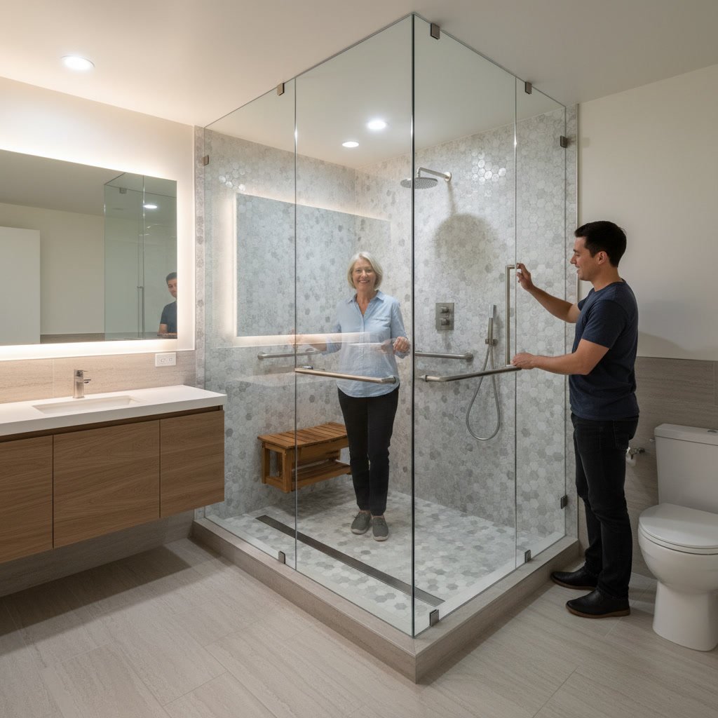 Modern walk-in shower with safety features and grab bars in a newly remodeled bathroom