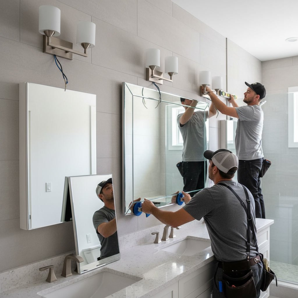Bathroom vanity with mirror installed around lighting fixtures and medicine cabinet