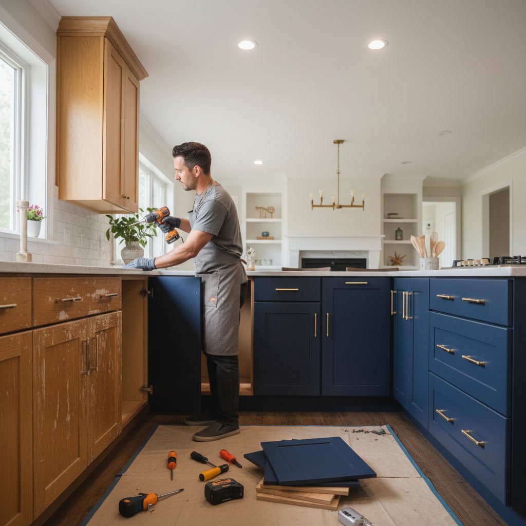 Kitchen cabinet refacing process showing new doors and veneer application