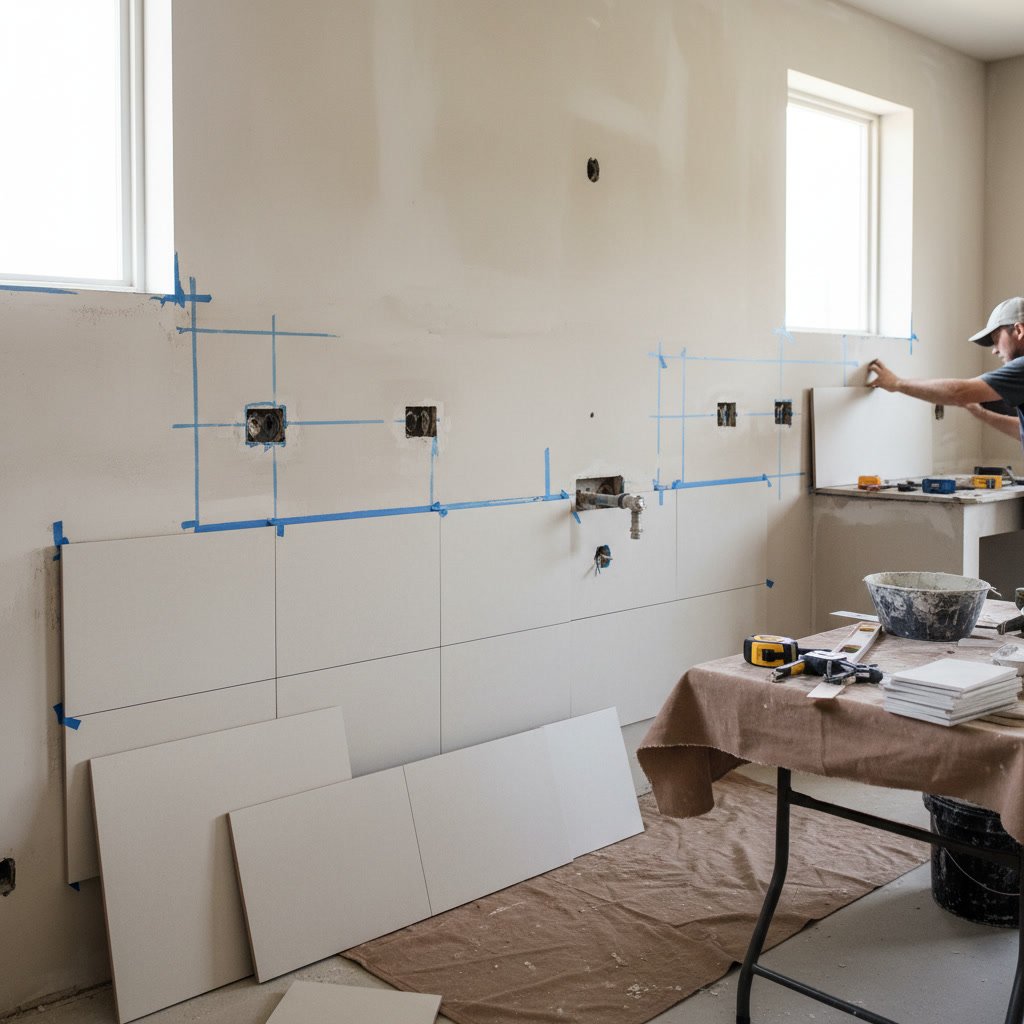 Kitchen backsplash tile layout planning around electrical outlets and corners