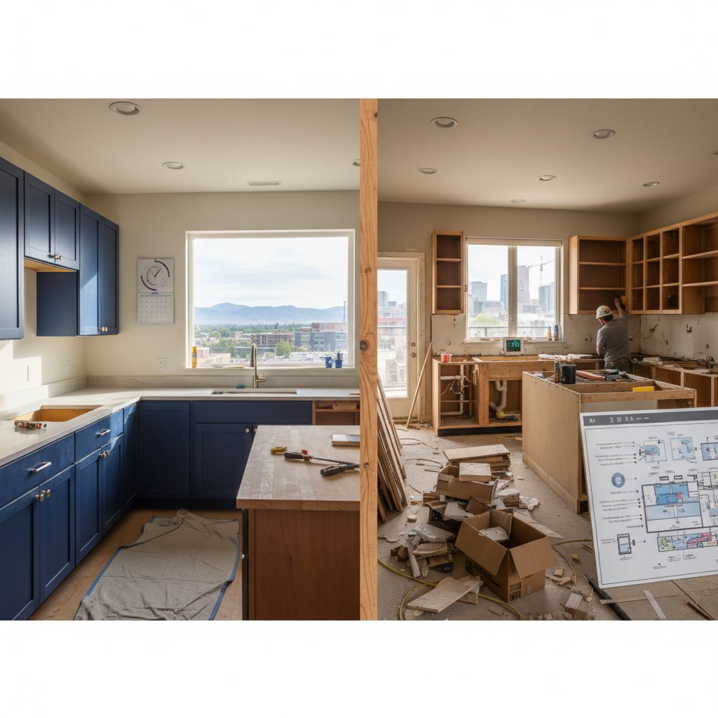 Side by side comparison of refaced cabinets versus full replacement installation
