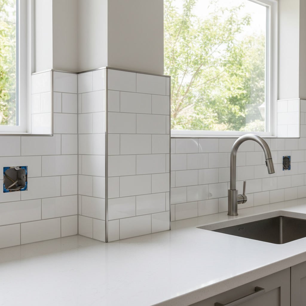 Tile cuts around kitchen window with proper corner treatment