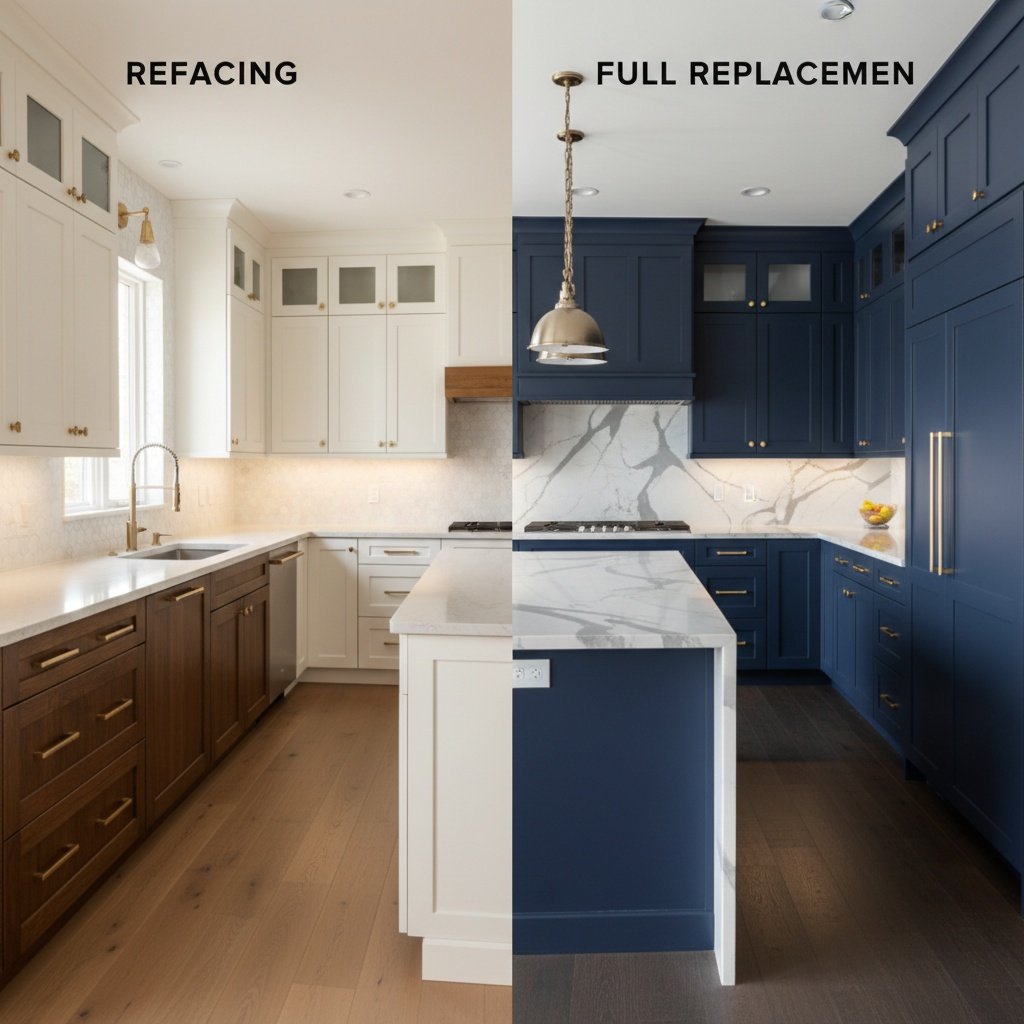 Completed kitchen showing refaced cabinets with modern doors and hardware