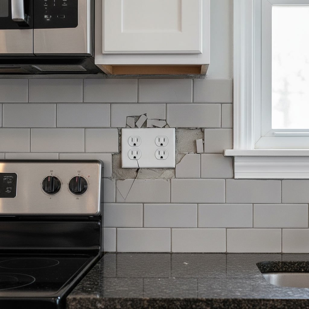 Professional tile cuts around kitchen electrical outlets with proper spacing