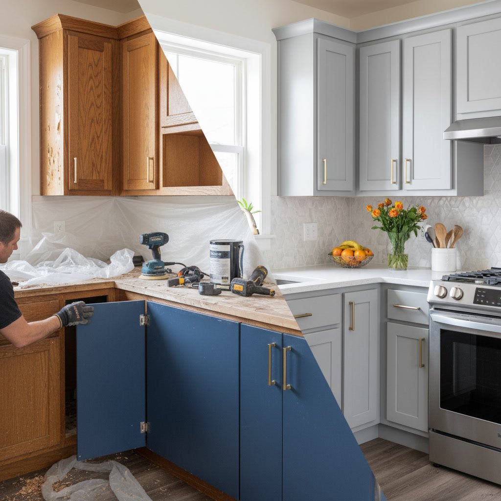 Modern kitchen with refaced white cabinets and new hardware