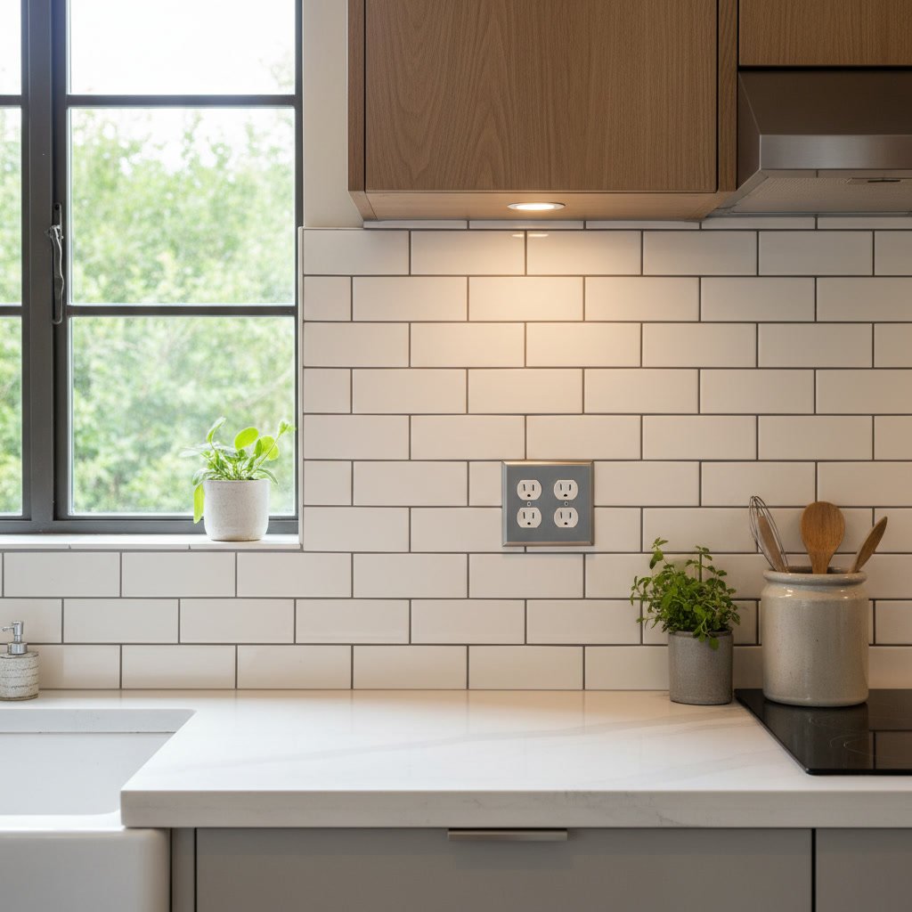 Professional kitchen backsplash tile installation around outlets and corners